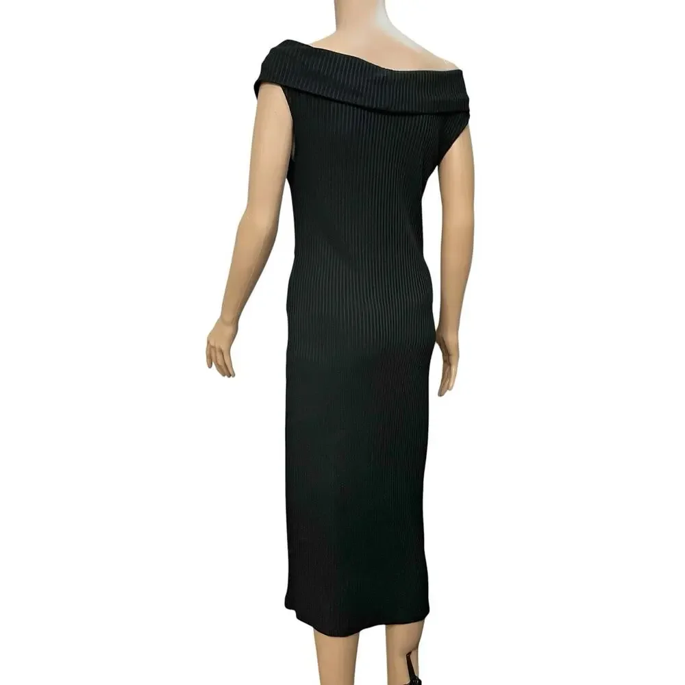 Michael Kors Ribbed Knit Midi Dress Large Black Off The Shoulder Straight Fit